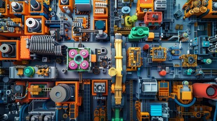 Aerial view of an industrial factory floor bustling with robots assembling smartphones, vivid colors, highly detailed, mechanical precision, futuristic