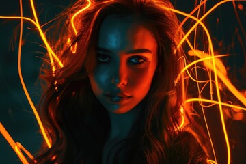 beautiful woman with long hair, illuminated face and body in orange neon light on dark background, glowing lines of energy around her head, looking straight into camera, full height portrait