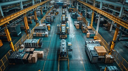 Fototapeta premium Aerial view of an industrial factory floor bustling with robots assembling smartphones, vivid colors, highly detailed, mechanical precision, futuristic