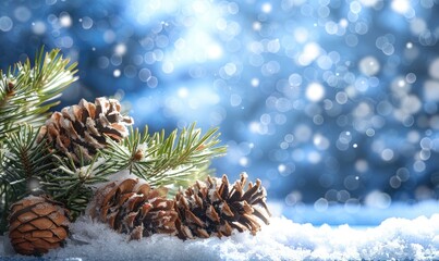 Radiant winter scene with snow and pine bough