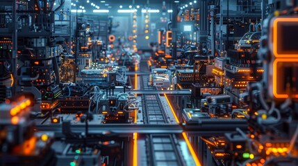 Artistic interpretation of an electronics factory floor transformed into a labyrinth of machines and glowing pathways, emphasizing scale and complexity