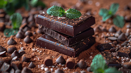some chocolate pieces with mint leaves and brown powder on dark background