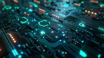 Obraz premium Close-up of electronic circuit boards with glowing connections, futuristic blue and green lighting, high detail