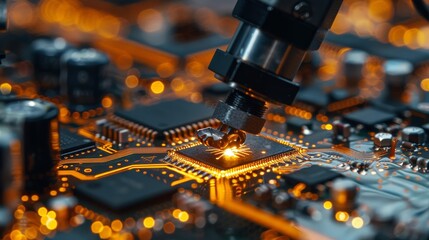 Close-up on a robotic arm soldering microchips in an electronics factory, focus on the glowing solder and intricate details of the circuit board