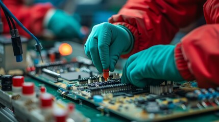Close-up on the hands-on assembly of electronic devices in an industrial factory, focusing on the detailed work with cables and components