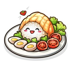 Joyful Plate of Thai-style Hainanese Chicken Rice in Cute Chibi