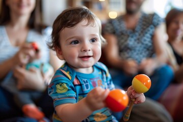Fototapeta premium A baby is happily playing with a toy in front of a group of people, engaging in joyful activities