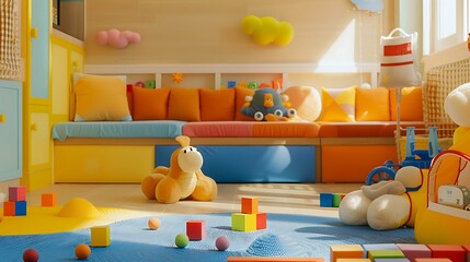 Vibrant play area with soft toys and blocks, creating a warm environment for baby boy's ment