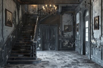 A dark creepy hallway with a staircase leading up to a room. The room has a picture on the wall and atmosphere is eerie and unsettling