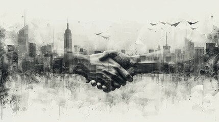 business networking concept, a black-and-white montage with handshakes, cityscapes, and paper planes symbolizes networking and globalization in the business world