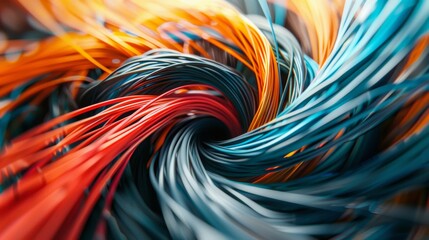 An abstract composition featuring a mix of different cables and wires, arranged in a spiral pattern against a neutral background.
