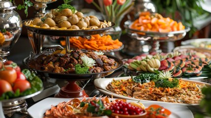 A buffet filled with a wide array of mouthwatering dishes, including appetizers, main courses, side dishes, and desserts. Different cuisines and flavors