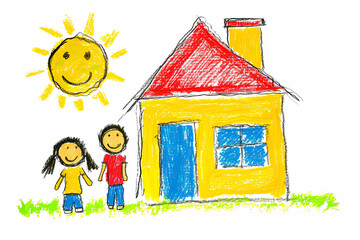 Child's colorful drawing of happy family and house