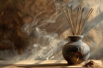 Cinematic photo of sticks for the room diff iPhones in an elegant vase with brown background, filled with smoke from incense and cocoa powder on wooden table. Aesthetic and minimalistic. - Powered by Adobe
