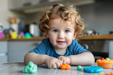 A young child sitting at a kitchen table, happily molding and shaping colorful play dough with their hands