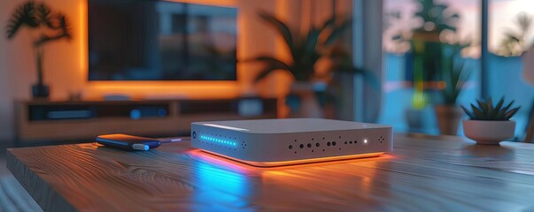 Smart Home Hub Closeup of a smart home hub displaying connected devices all running seamlessly on a WiFi 7 network, emphasizing speed and reliability