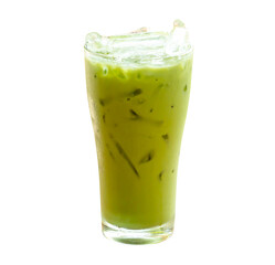 Front view of Iced matcha green tea with condensed milk in transparent glass isolated with clipping path in png file format