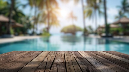 Image of wood table in front of swimming pool blur background. Brown wooden desk empty counter front view of the poolside on beautiful beach resort and outdoor spa.