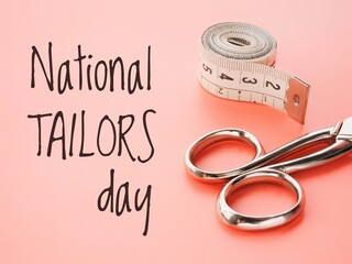 Pink poster for National tailors day with a measuring tape and scissors