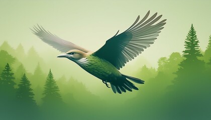 Obraz premium Silhouette of a bird in mid-flight, combined with an overlay of a dense forest canopy