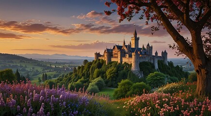 A stunning floral background with a distant castle, creating a picturesque scene.