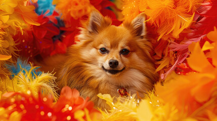 A small Pomeranian dog sits amidst a vibrant array of colorful feathers