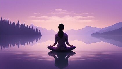Silhouette of a person in a lotus position, overlaid with an image of a serene lake at dawn