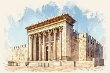 Obraz premium A minimalist illustration of the Temple of Solomon, characterized by simple and clean lines that convey a sense of grandeur and magnificence, with a focus on the architectural details