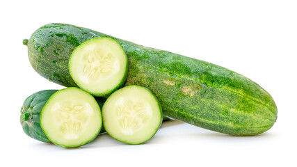 Front view or side view of fresh green cucumber with slices or pieces in stack isolated on white...
