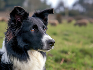 Fototapeta premium black and white border collie dogs with red markings are skillfully herding sheep in a paddock. These intelligent canines excel in herding and are trained to interact with people.