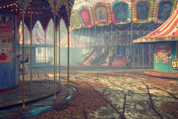 A dark and eerie scene of abandoned carnival with a Ferris wheel and a carousel. The atmosphere is creepy