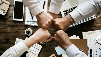 A group of business people are shown squeezing their fists in determination around a desk in a meeting room