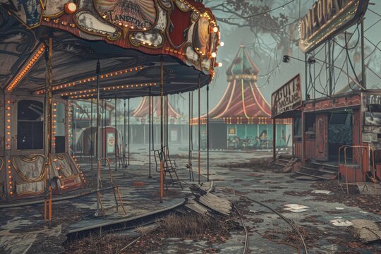 A dark and eerie scene of abandoned carnival with a Ferris wheel and a carousel. The atmosphere is creepy