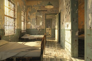 abandoned hospital patient rooms and has a creepy atmosphere. The bed is old and dirty