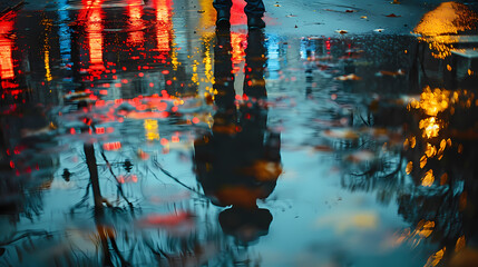 A person walking on a street. Reflection in a puddle.