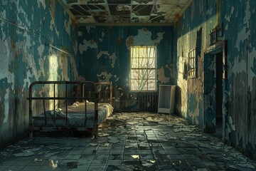 abandoned hospital patient rooms and has a creepy atmosphere. The bed is old and dirty