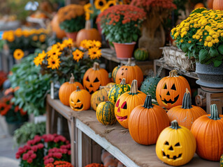 The Golden Autumn Festival displays beautifully decorated pumpkins and autumn vegetables, creating a festive Halloween atmosphere and enhancing the harvest surroundings.