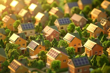 A neighborhood with houses with solar panels on the roof. The green living village bokeh style background
