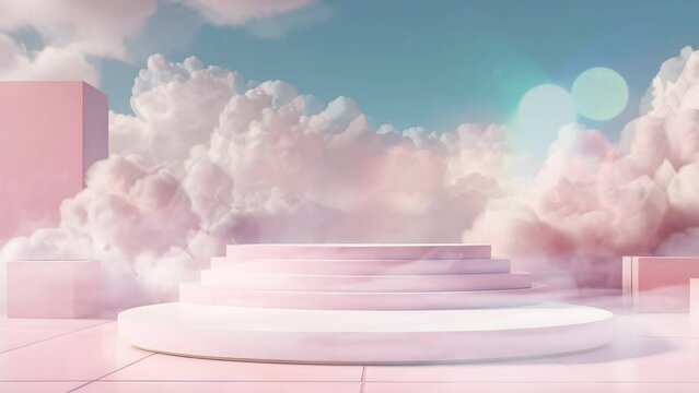 Background podium pink 3d product sky platform display cloud pastel scene render stand. Pink podium stage minimal abstract background beauty dreamy space studio pedestal smoke showcase geometric white