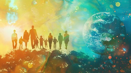 A group of people of various colors and heights are standing in front of a glowing planet Earth.


