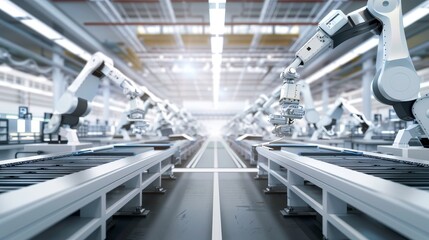 Naklejka premium Inside an electronics assembly line with robotic arms, focused on precision and technology, clean modern style