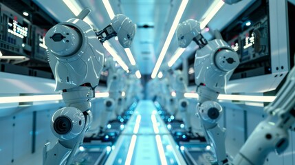 Fototapeta premium Inside an electronics assembly line with robotic arms, focused on precision and technology, clean modern style