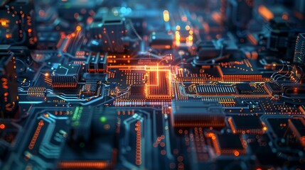 Obraz premium Detailed night scene of an industrial factory with glowing lines of assembly robots welding semiconductor components, no humans