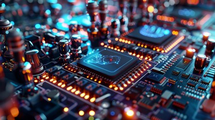 Fototapeta premium Futuristic electronics manufacturing, capacitors assembly line with holographic displays and robotic arms, deep focus