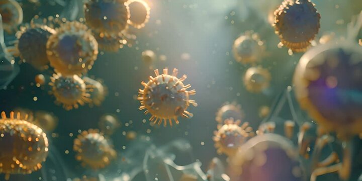 Microscopic view of virus particles in a dynamic, colorful environment, highlighting the structure of viral cells and infectious agents.