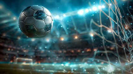 Naklejka premium dramatic photograph of a soccer ball flying through the air towards the goal in a packed stadium under bright stadium lights