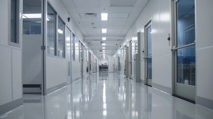 Obraz premium Inside a high-security semiconductor fabrication plant, corridors lined with high-tech equipment and minimal human presence