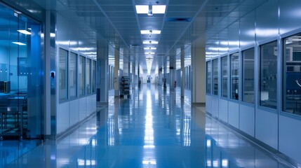 Fototapeta premium Inside a high-security semiconductor fabrication plant, corridors lined with high-tech equipment and minimal human presence