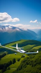 Small airplane flying in the blue cloudy sky and mountains in the background.