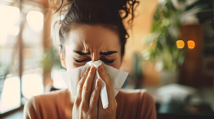 Battling the Flu: Woman Sneezing and Fighting a Runny Nose, cold sick illness virus